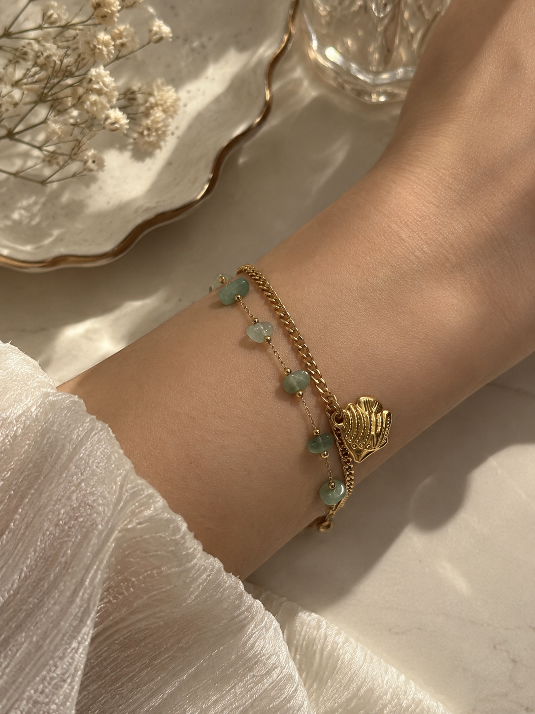 Green Stone Shell Charm Bracelet