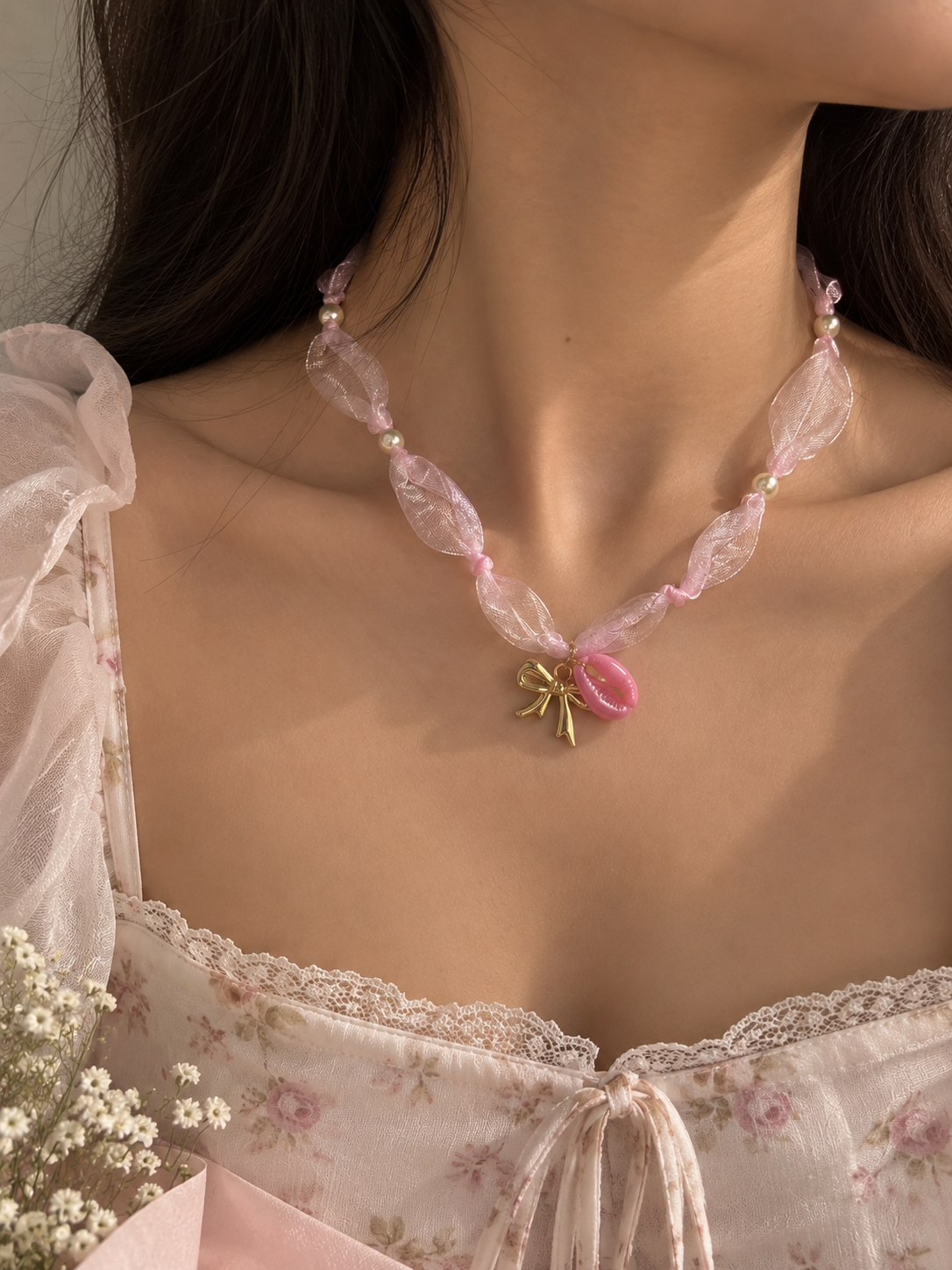 Pink Bow & Shell Organza Necklace