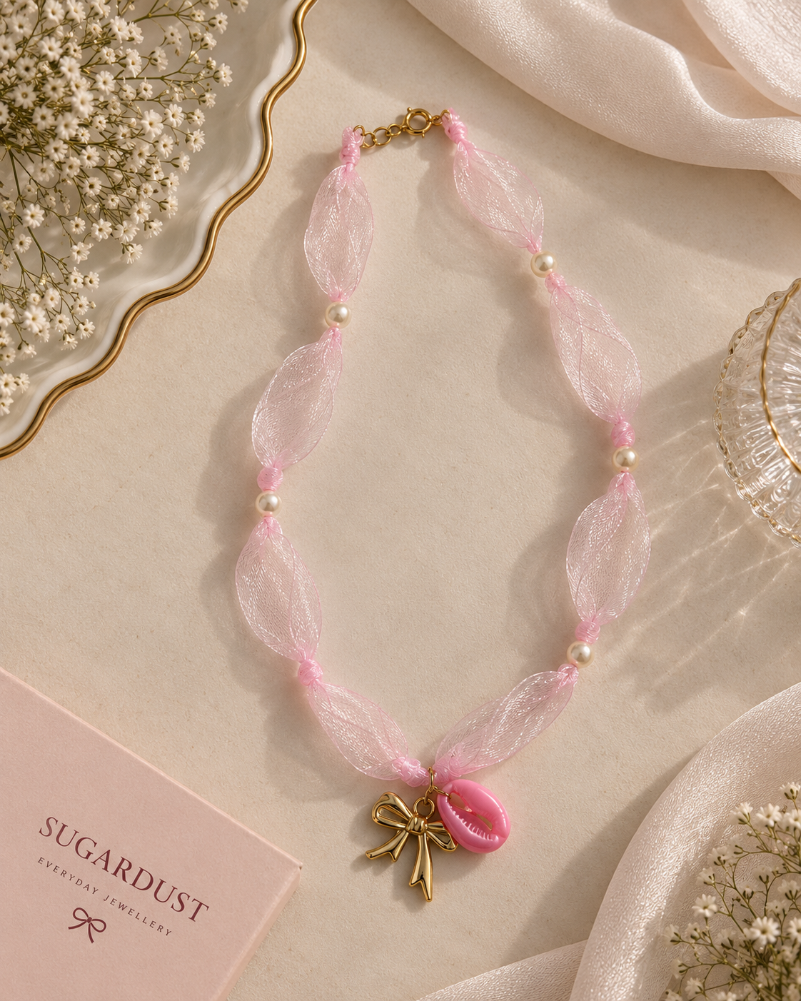 Pink Bow & Shell Organza Necklace