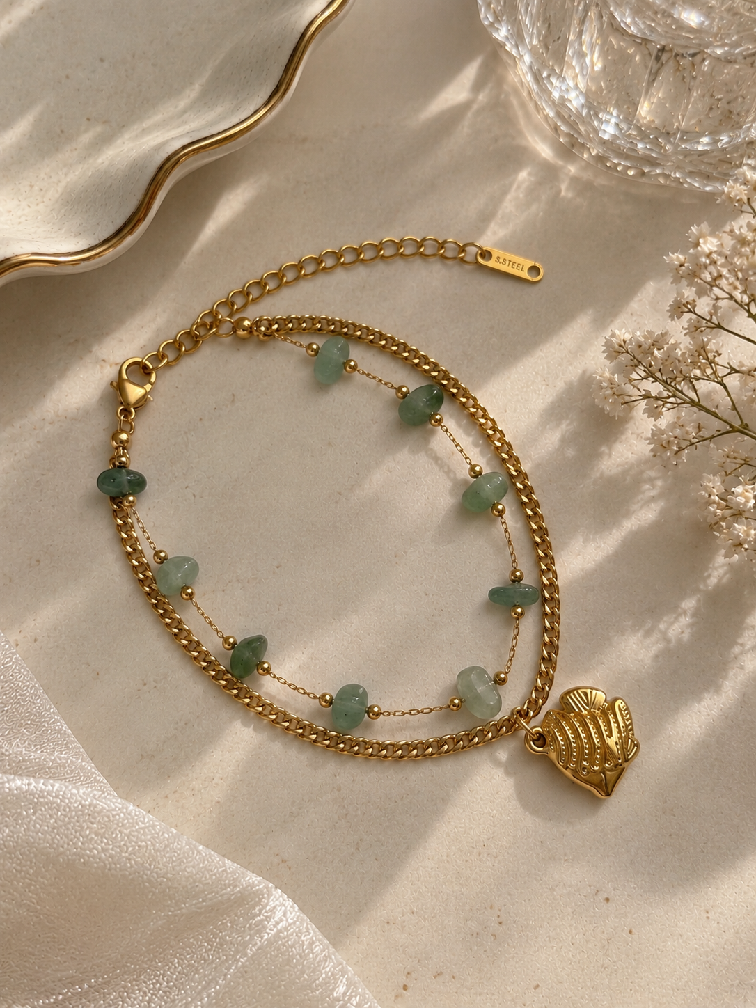 Green Stone Shell Charm Bracelet
