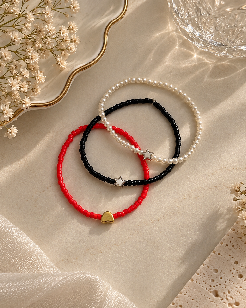Trio Charm Beaded Bracelet Set