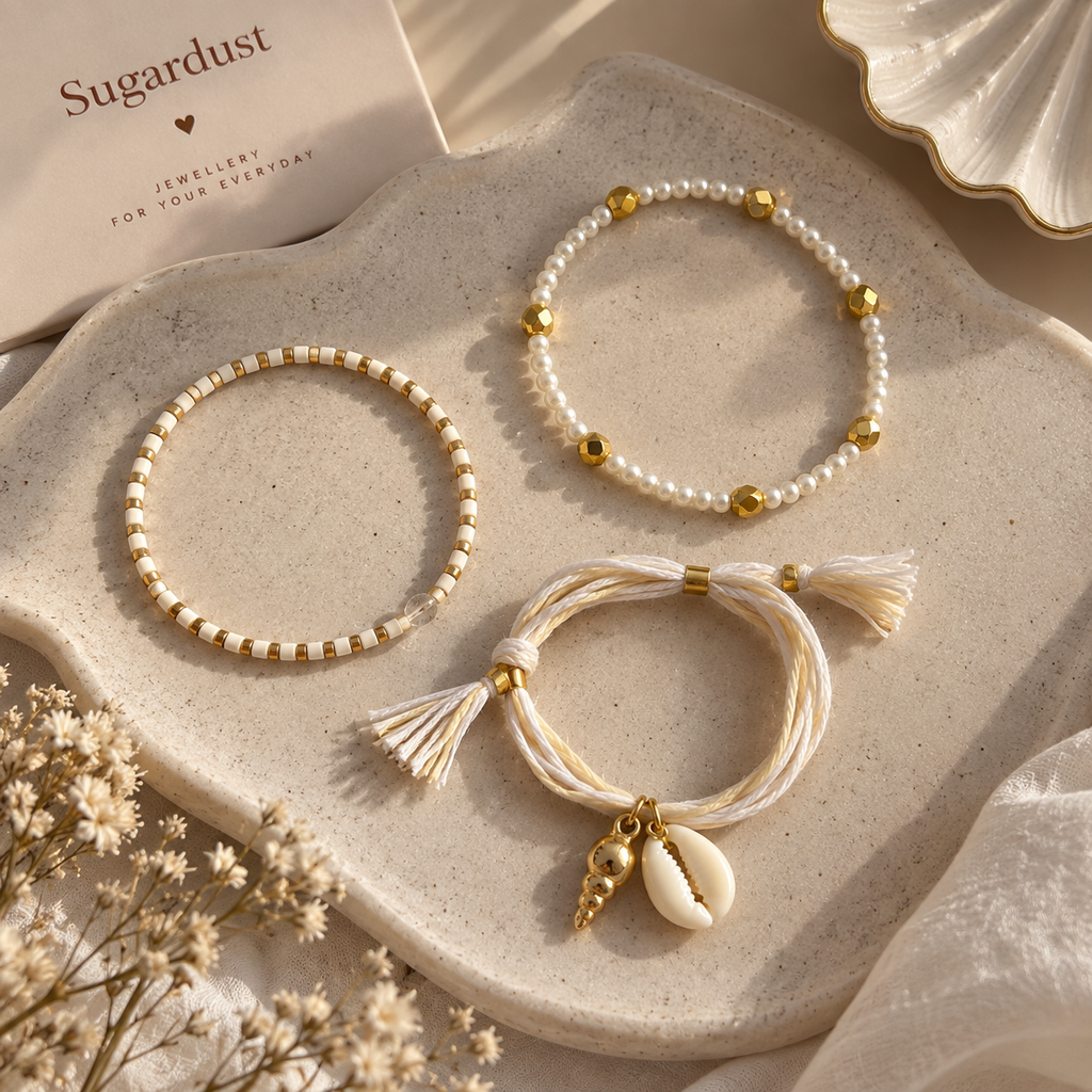 Golden Pearl & Shell Bracelet Set